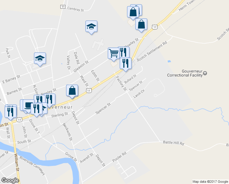 map of restaurants, bars, coffee shops, grocery stores, and more near 40 Factory Street in Gouverneur