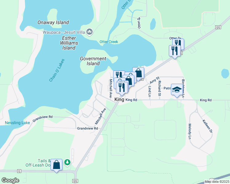 map of restaurants, bars, coffee shops, grocery stores, and more near N2706 County Road QQ in Waupaca