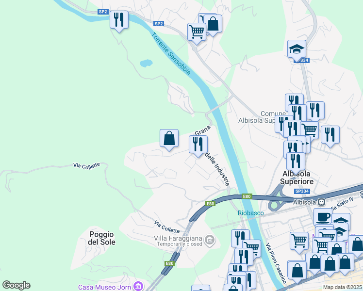 map of restaurants, bars, coffee shops, grocery stores, and more near 39 Via Grana in Albisola Superiore