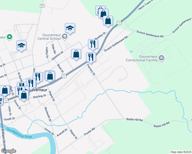 map of restaurants, bars, coffee shops, grocery stores, and more near 197 Spencer Street in Gouverneur