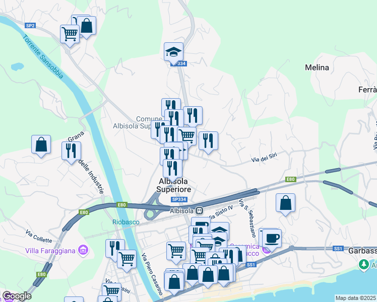 map of restaurants, bars, coffee shops, grocery stores, and more near Via Guelfo d'Albisola in Albisola Superiore