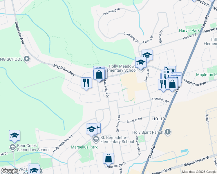 map of restaurants, bars, coffee shops, grocery stores, and more near 3 Bibby Court in Barrie