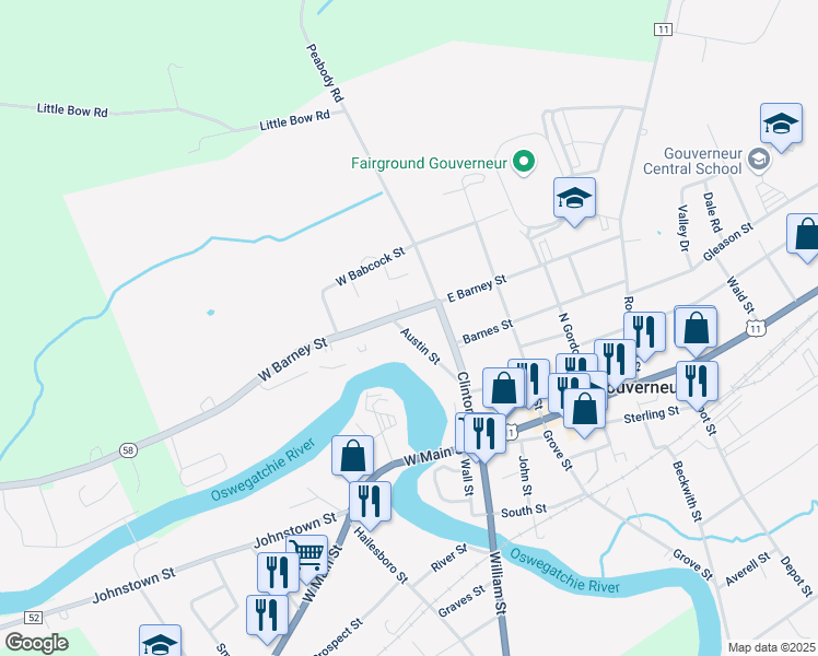 map of restaurants, bars, coffee shops, grocery stores, and more near 68 Austin Street in Gouverneur
