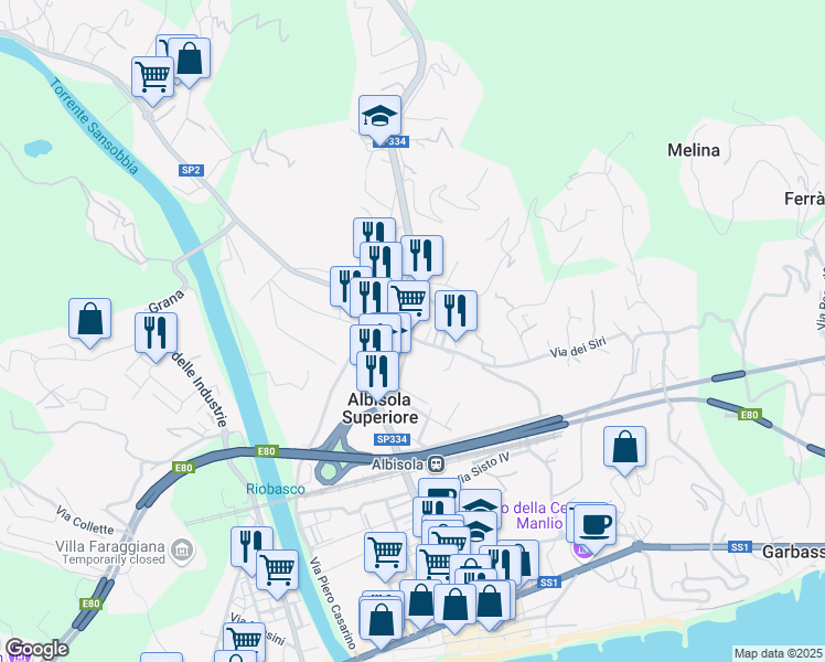 map of restaurants, bars, coffee shops, grocery stores, and more near Via Guelfo d'Albisola in Albisola Superiore