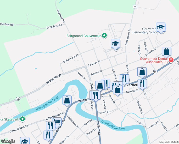 map of restaurants, bars, coffee shops, grocery stores, and more near 21 Barnes Street in Gouverneur