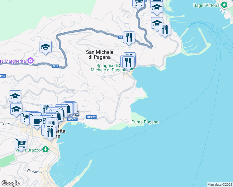 map of restaurants, bars, coffee shops, grocery stores, and more near 154 Via San Michele in Rapallo