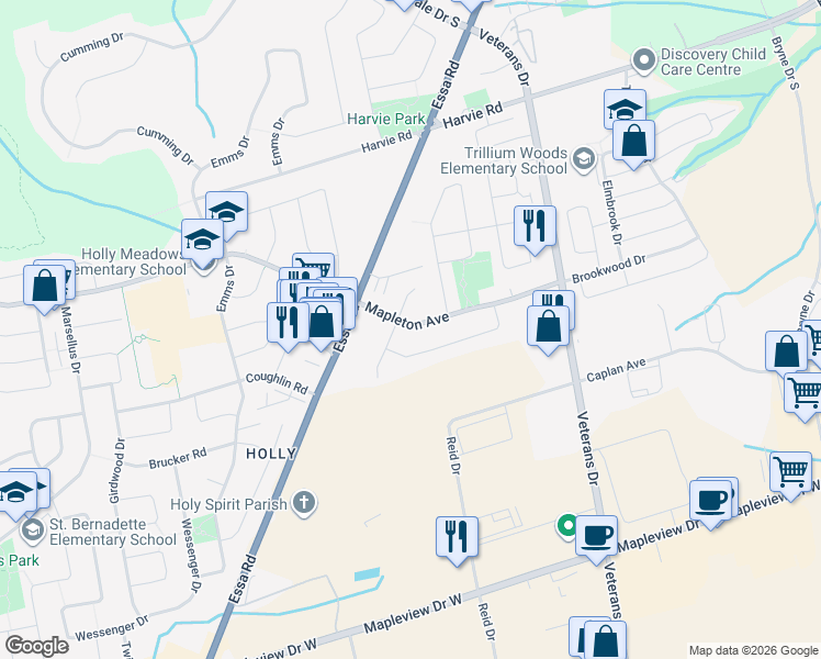 map of restaurants, bars, coffee shops, grocery stores, and more near 1 Warner Road in Barrie