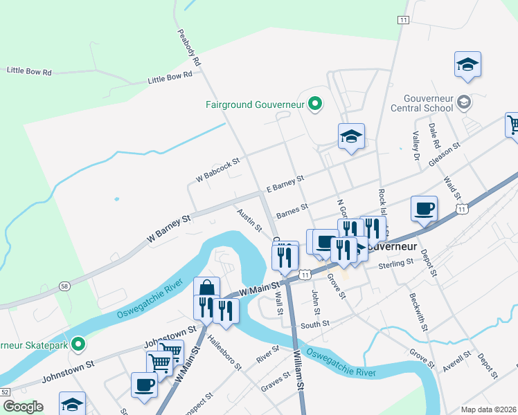 map of restaurants, bars, coffee shops, grocery stores, and more near 105 Clinton Street in Gouverneur