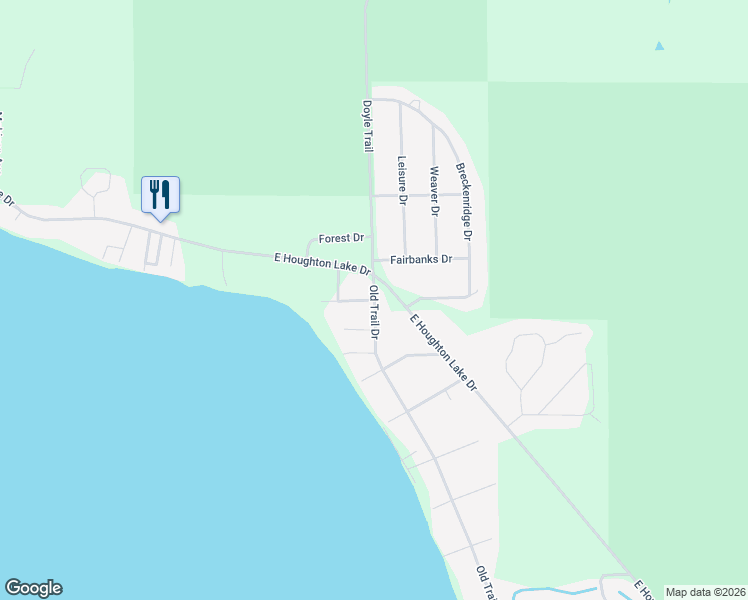 map of restaurants, bars, coffee shops, grocery stores, and more near 100 Whitney Court in Houghton Lake