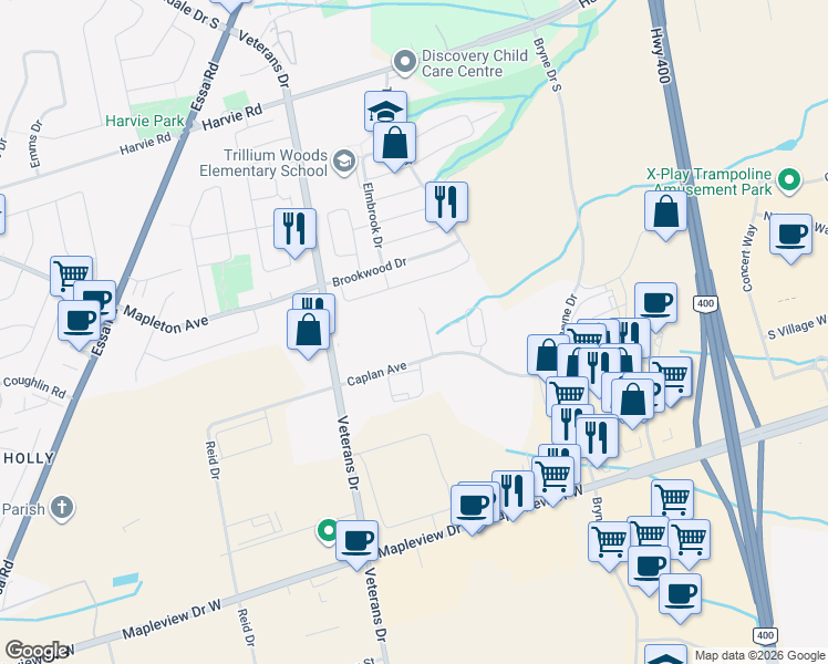 map of restaurants, bars, coffee shops, grocery stores, and more near 92 Caplan Avenue in Barrie