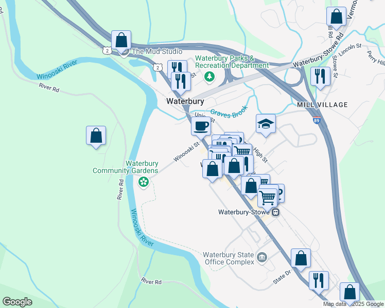 map of restaurants, bars, coffee shops, grocery stores, and more near 16A Winooski Street in Waterbury Village Historic District