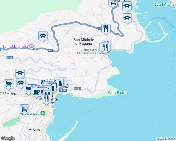 map of restaurants, bars, coffee shops, grocery stores, and more near 6 Via Gimelli in Rapallo