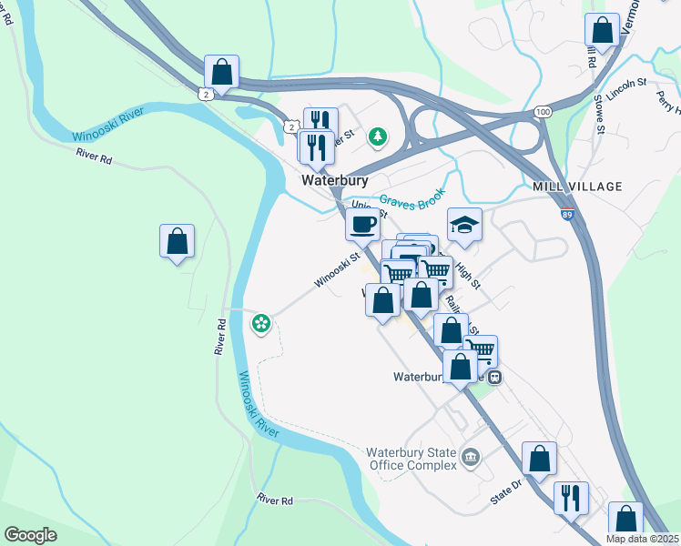 map of restaurants, bars, coffee shops, grocery stores, and more near 16A Winooski Street in Waterbury Village Historic District
