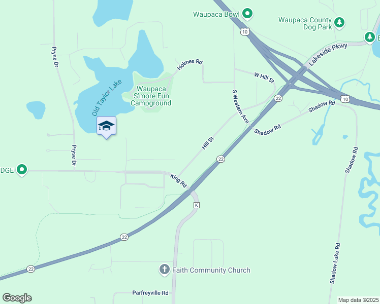 map of restaurants, bars, coffee shops, grocery stores, and more near N2717 Hill Street in Waupaca