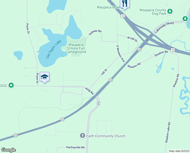 map of restaurants, bars, coffee shops, grocery stores, and more near N2717 Hill Street in Waupaca