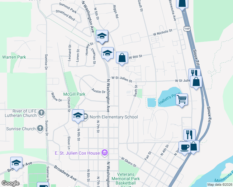 map of restaurants, bars, coffee shops, grocery stores, and more near 1102 North 5th Street in Saint Peter