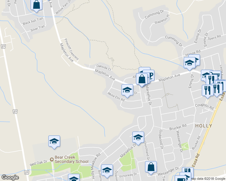 map of restaurants, bars, coffee shops, grocery stores, and more near 63 Willow Drive in Barrie