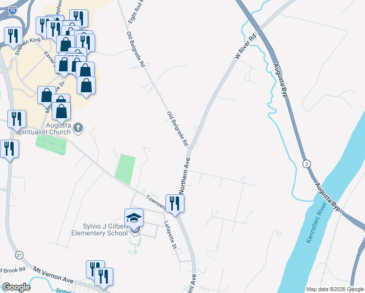 map of restaurants, bars, coffee shops, grocery stores, and more near 2 Old Belgrade Road in Augusta