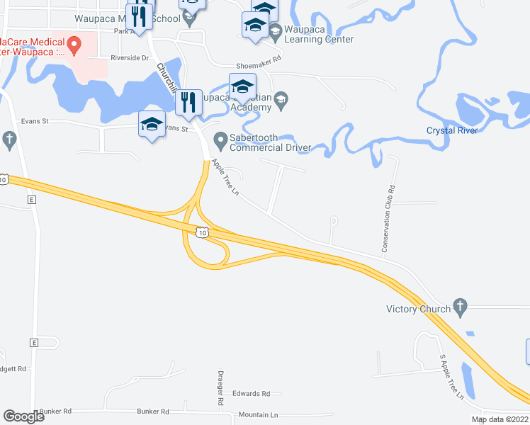 map of restaurants, bars, coffee shops, grocery stores, and more near 1555 Apple Tree Lane in Waupaca