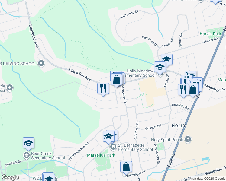 map of restaurants, bars, coffee shops, grocery stores, and more near 18 Silver Maple Crescent in Barrie
