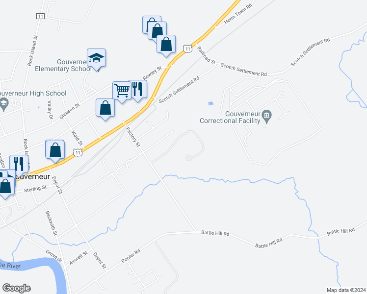map of restaurants, bars, coffee shops, grocery stores, and more near 1100 Larch Circle in Gouverneur