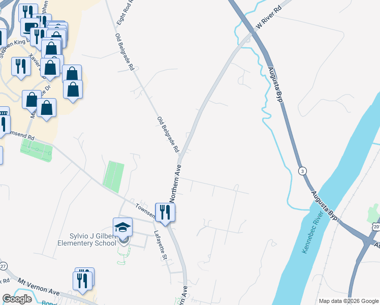 map of restaurants, bars, coffee shops, grocery stores, and more near 311 West River Road in Augusta