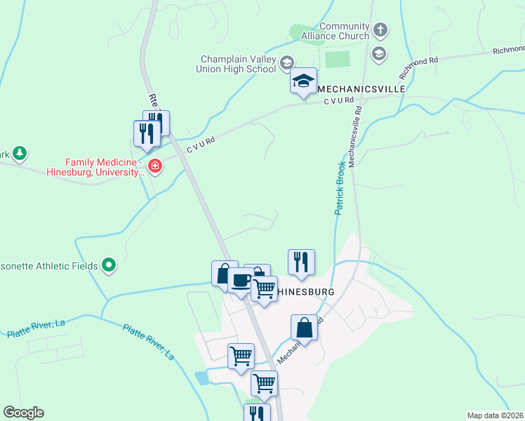 map of restaurants, bars, coffee shops, grocery stores, and more near 110 Riggs Road in Hinesburg