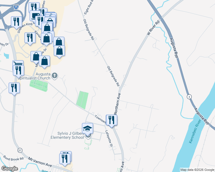 map of restaurants, bars, coffee shops, grocery stores, and more near 2 Old Belgrade Road in Augusta