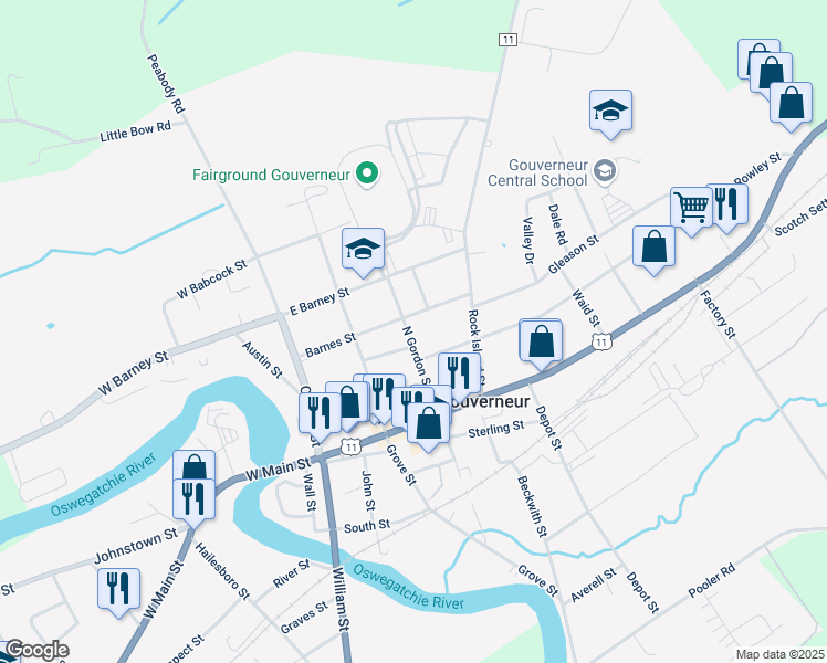 map of restaurants, bars, coffee shops, grocery stores, and more near 66 North Gordon Street in Gouverneur