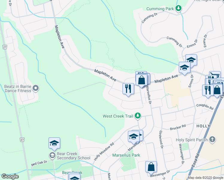 map of restaurants, bars, coffee shops, grocery stores, and more near 65 Willow Drive in Barrie
