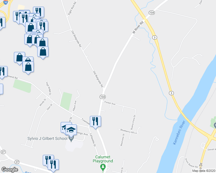 map of restaurants, bars, coffee shops, grocery stores, and more near 311 West River Road in Augusta