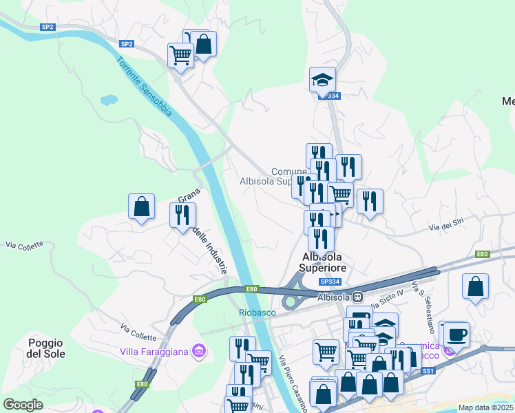 map of restaurants, bars, coffee shops, grocery stores, and more near 23 Via Fodrato in Albisola Superiore