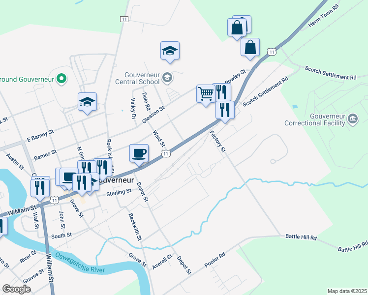 map of restaurants, bars, coffee shops, grocery stores, and more near 322 East Main Street in Gouverneur