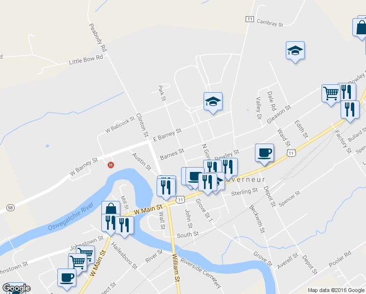 map of restaurants, bars, coffee shops, grocery stores, and more near 51 Barnes Street in Gouverneur