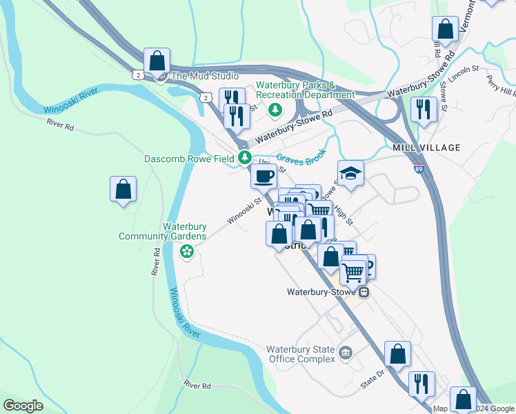 map of restaurants, bars, coffee shops, grocery stores, and more near 6 Winooski Street in Waterbury