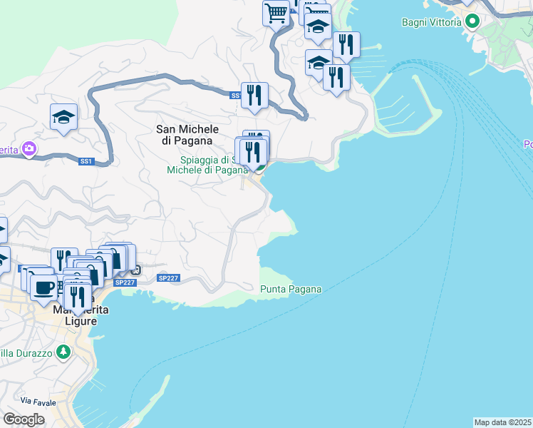 map of restaurants, bars, coffee shops, grocery stores, and more near 37 Via Travello in Rapallo