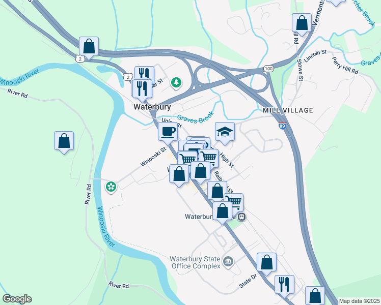 map of restaurants, bars, coffee shops, grocery stores, and more near in Waterbury Village Historic District