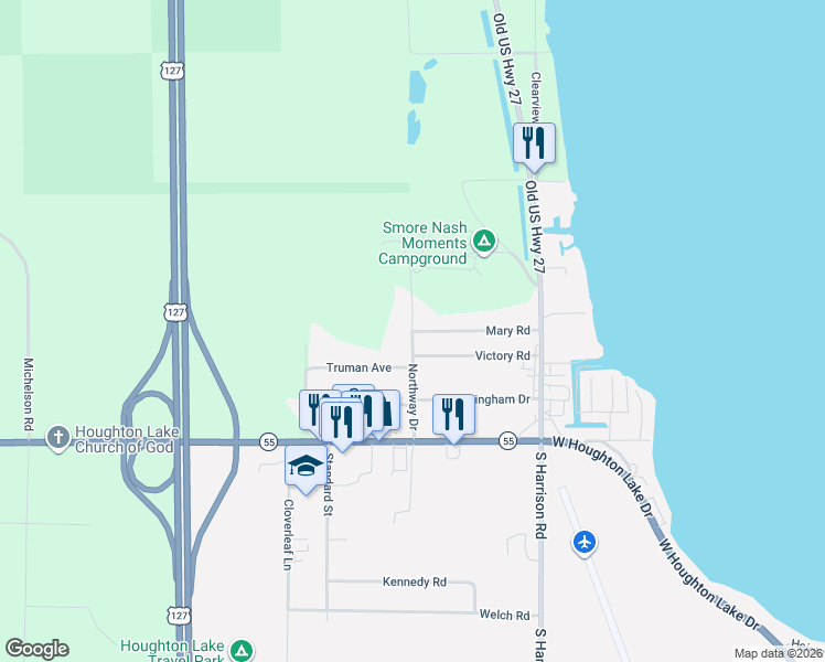 map of restaurants, bars, coffee shops, grocery stores, and more near 400 Northway Drive in Houghton Lake