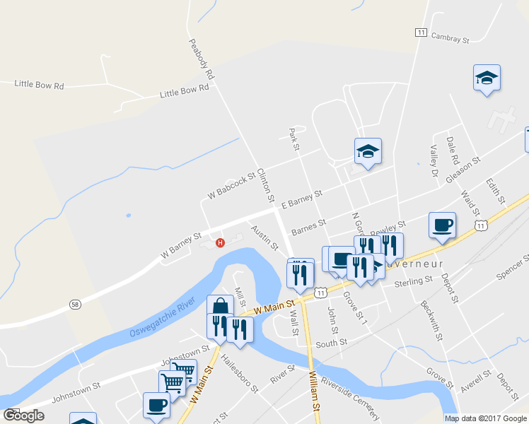 map of restaurants, bars, coffee shops, grocery stores, and more near 14 West Barney Street in Gouverneur