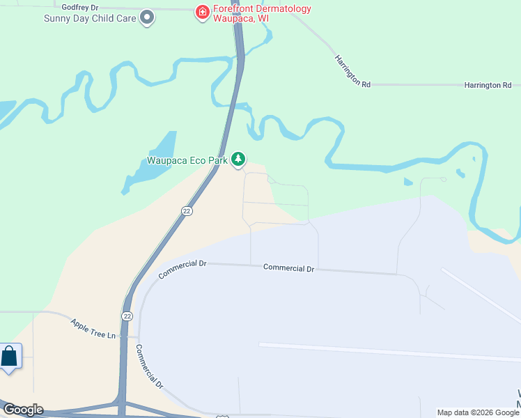 map of restaurants, bars, coffee shops, grocery stores, and more near 2285 Young Drive in Waupaca