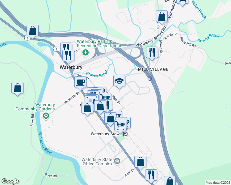 map of restaurants, bars, coffee shops, grocery stores, and more near 47 Stowe Street in Waterbury