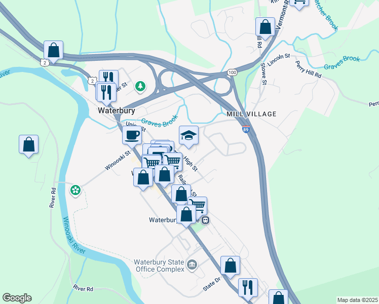 map of restaurants, bars, coffee shops, grocery stores, and more near 47 Stowe Street in Waterbury
