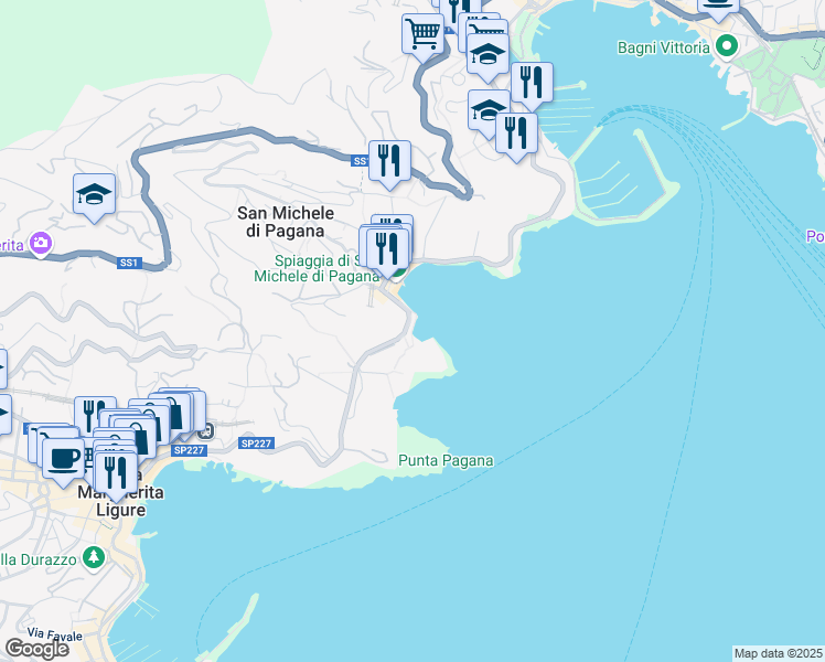 map of restaurants, bars, coffee shops, grocery stores, and more near 37 Via Travello in Rapallo
