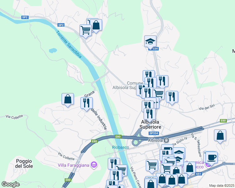 map of restaurants, bars, coffee shops, grocery stores, and more near 23 Via Fodrato in Albisola Superiore
