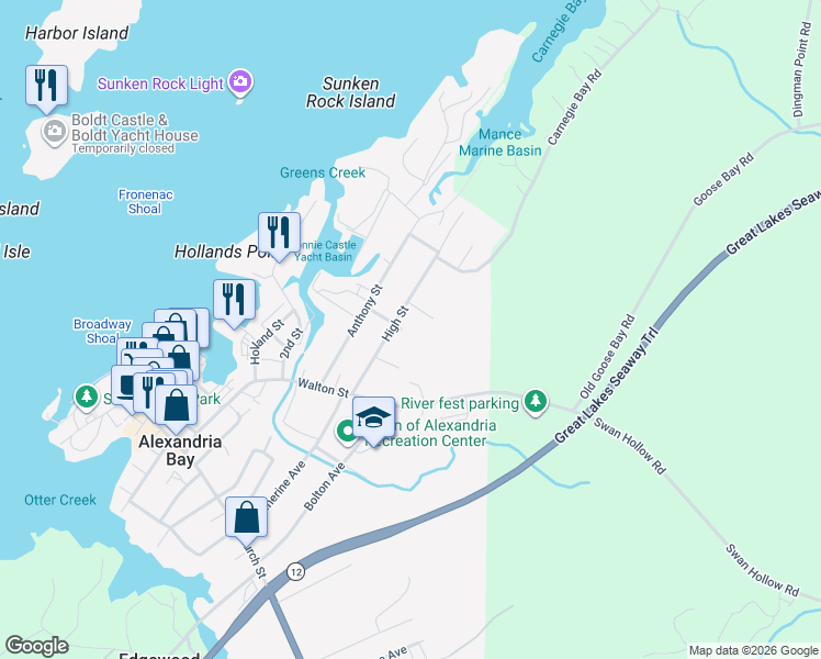 map of restaurants, bars, coffee shops, grocery stores, and more near 41 High Street in Alexandria Bay