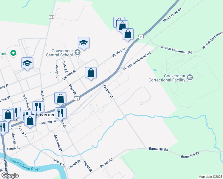 map of restaurants, bars, coffee shops, grocery stores, and more near 17 Bullard Street in Gouverneur