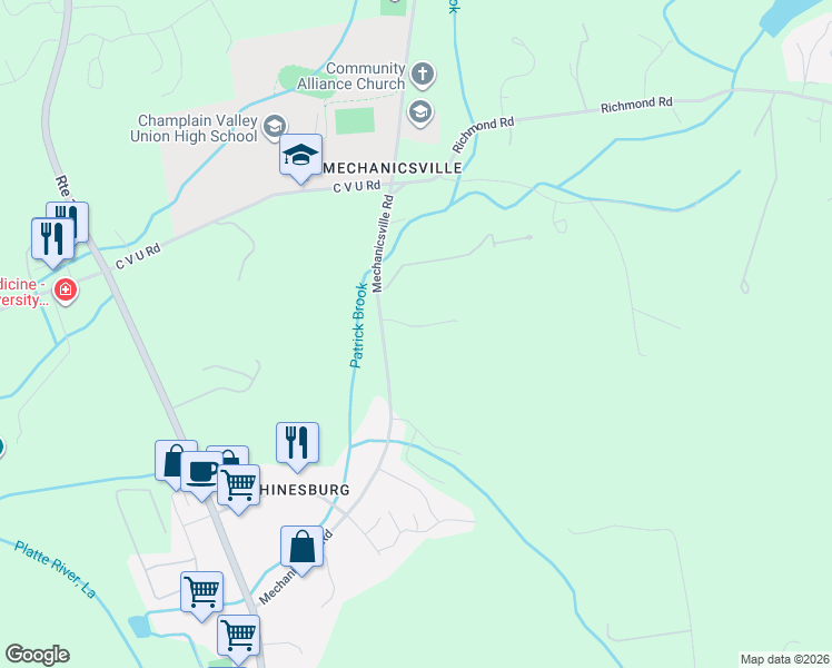 map of restaurants, bars, coffee shops, grocery stores, and more near 699 Birchwood Drive in Hinesburg