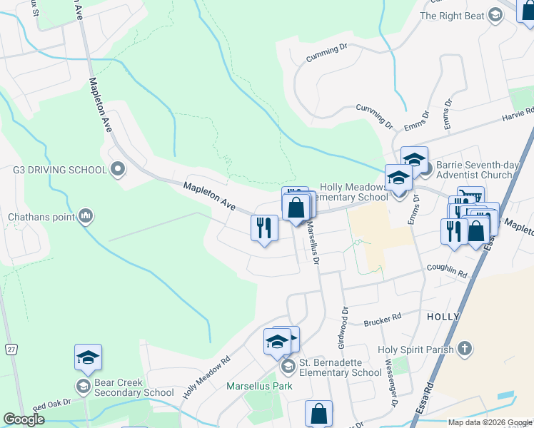 map of restaurants, bars, coffee shops, grocery stores, and more near 242 Mapleton Avenue in Barrie