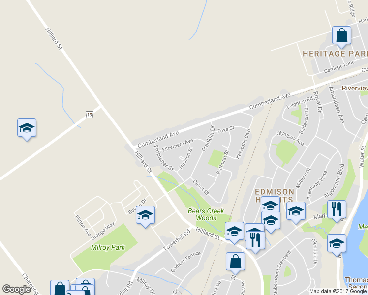 map of restaurants, bars, coffee shops, grocery stores, and more near 929 Cumberland Avenue in Peterborough