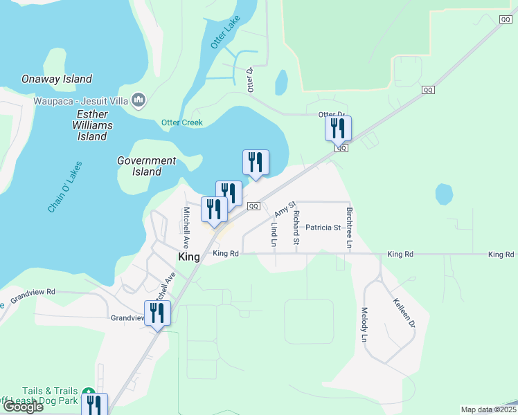 map of restaurants, bars, coffee shops, grocery stores, and more near N2757 County Road QQ in Waupaca